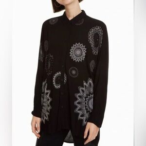 2/$30 Desigual Black Long Sleeve Button Down Blouse Mandala Patterns Sequin